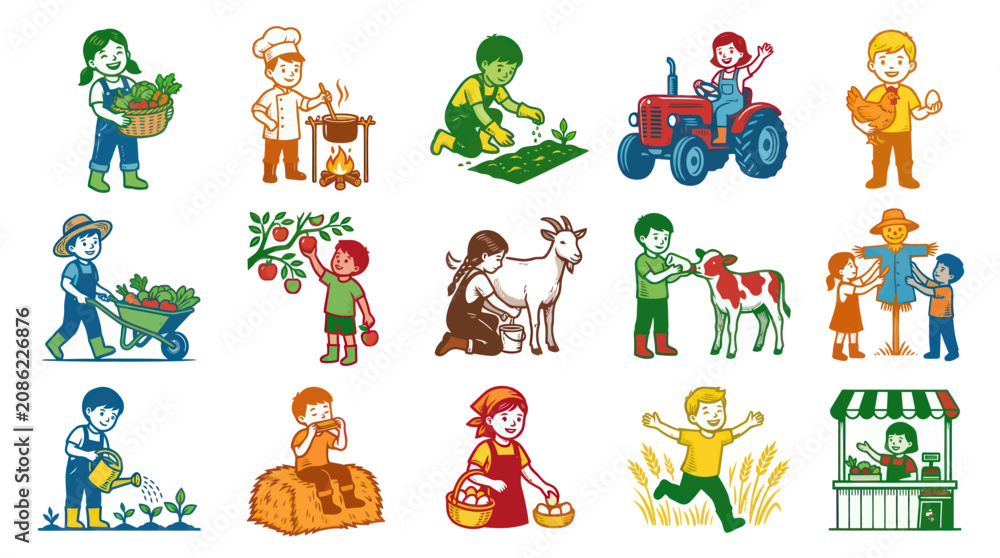 Fototapeta premium Farm Life Kids Cartoon Flat Vector Set - Agriculture Farming