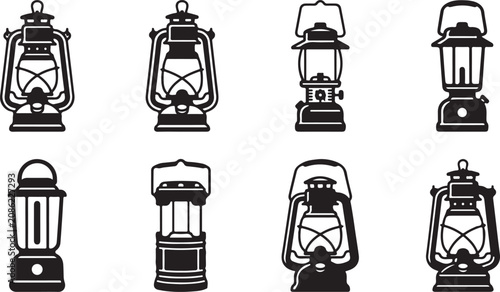 Assorted vintage lanterns and oil lamps in black and white Vector