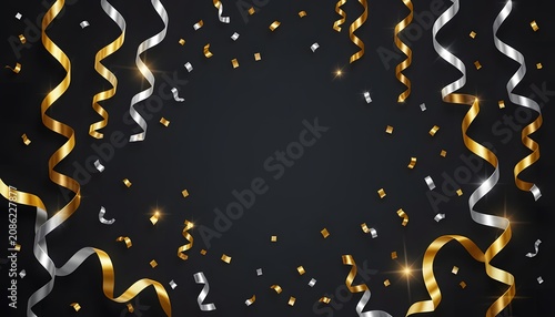 Luxury colorful confetti and ribbons on a dark background, creating an elegant festive atmosphere