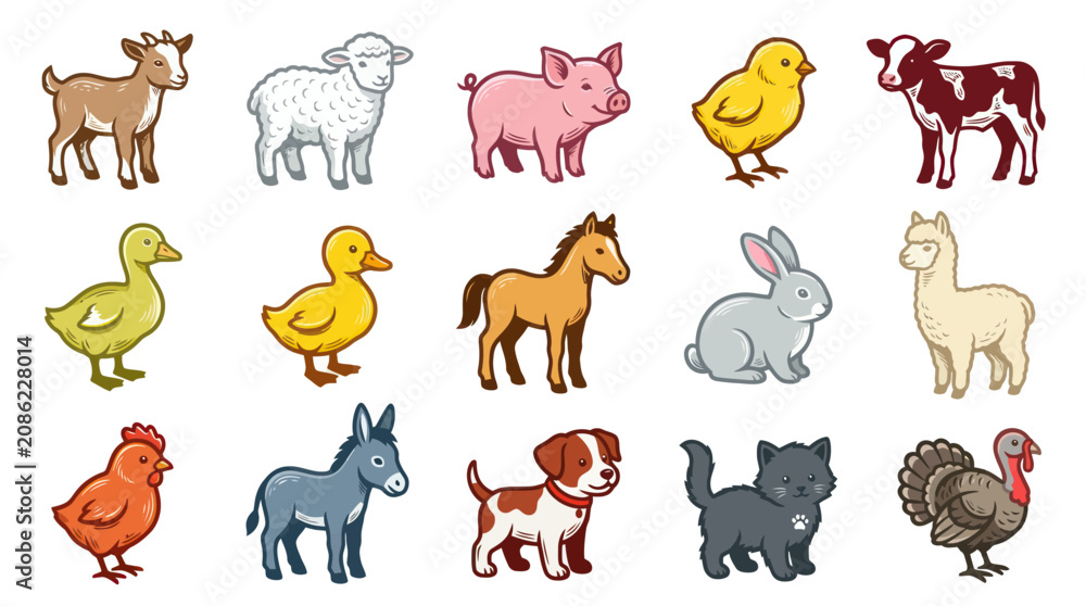 Fototapeta premium Cute Cartoon Farm and Domestic Animals Vector Set. Flat Style Livestock and Pets for Kids Education.