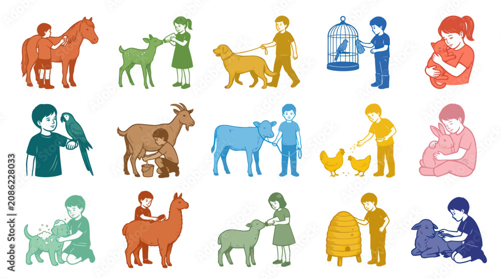 Fototapeta premium Children and Animals Flat Line Art Illustration Set for Farm, Pet Care, and Childhood Education