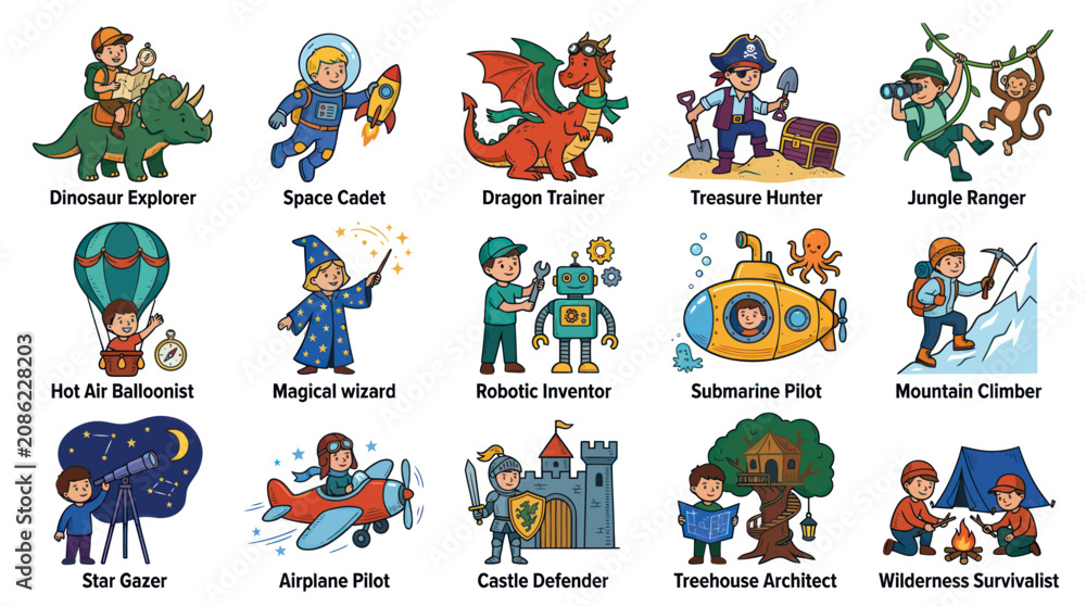 Fototapeta premium Kids Professions and Hobbies Flat Cartoon Illustrations Set. Children's Imagination and Adventure Characters Collection.