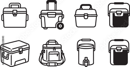 Set of eight different style coolers and cases icons Vector