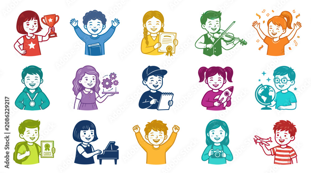 Obraz premium Hand-drawn Cartoon Children Characters with Diverse Hobbies, Educational Pursuits, and Achievements
