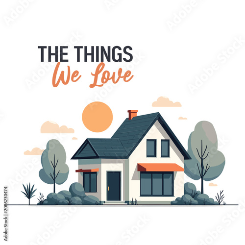 Minimalist suburban house illustration with sun and trees cute residential real estate concept vector art with typography for home sweet home poster property loan real estate investment branding