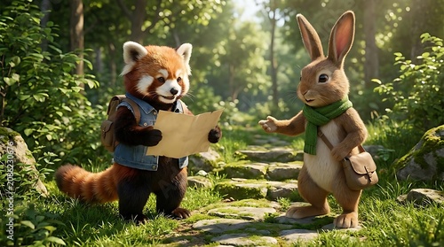Cute anthropomorphic animals with map in a lush forest setting