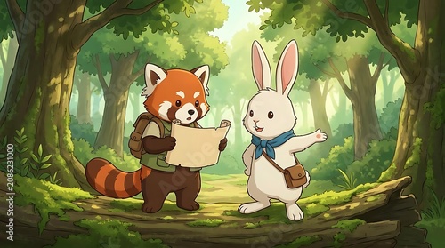 Cute cartoon red panda and rabbit looking at map in forest