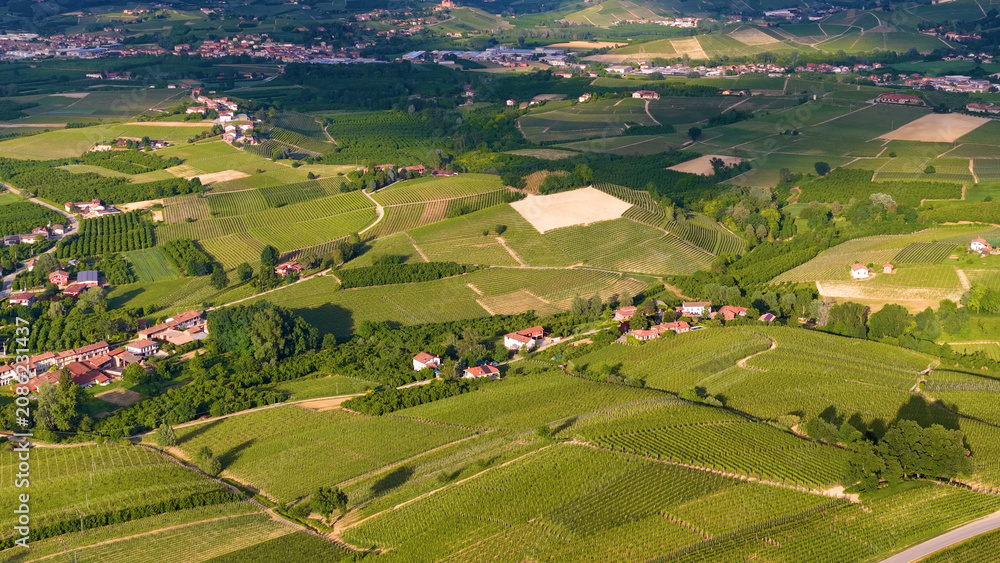 Obraz premium Aerial View of Rolling Vineyard Hills and Rural Village in Piedmont Italy