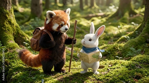 Cute red panda and rabbit friends exploring a lush green forest together