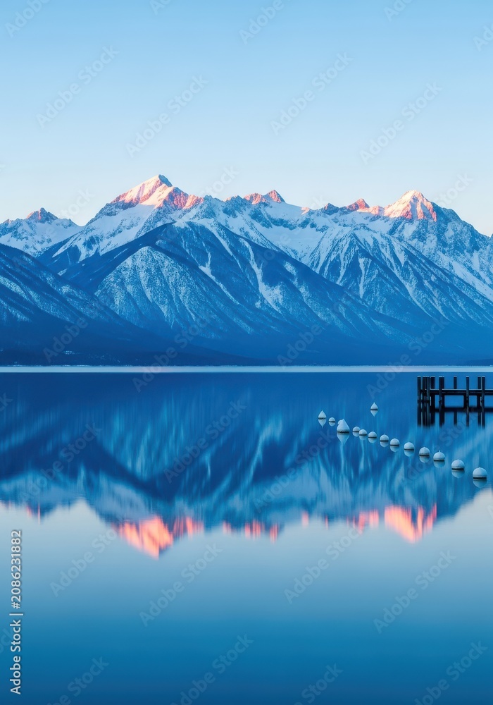 Fototapeta premium Majestic Snow-Capped Mountains Reflected in Calm Blue Lake at Sunrise with Wooden Pier and Buoys