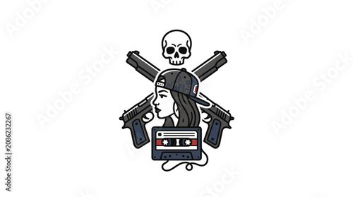 Εκτύπωση καμβά Skull and guns with cassette tape illustration.