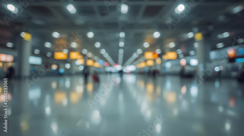Blurred airport terminal with travelers and glowing signs conveying quiet motion and mood