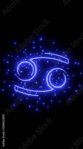 Cancer or Crab zodiac symbol icon in thin line style glowing with energy and particles.