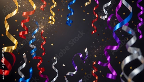 Luxury colorful confetti and ribbons on a dark background, creating an elegant festive atmosphere