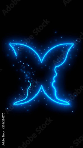 Silhouettes of two head. A butterfly or two face profile view. Optical illusion. Human head make silhouette of insect. Neon glowing.