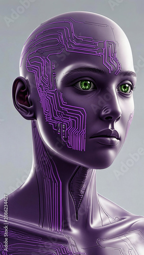 Futuristic humanoid AI female android portrait with glowing purple neural circuit patterns and green eyes, cyberpunk artificial intelligence concept on dark background