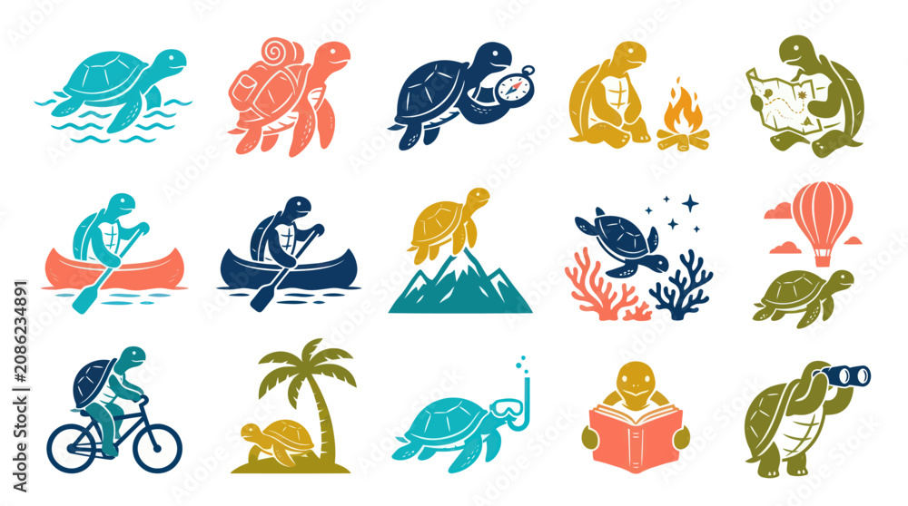 Obraz premium Glyph Turtle Travel Adventure Icons Set - Nature, Education, Hobbies Exploration Collection