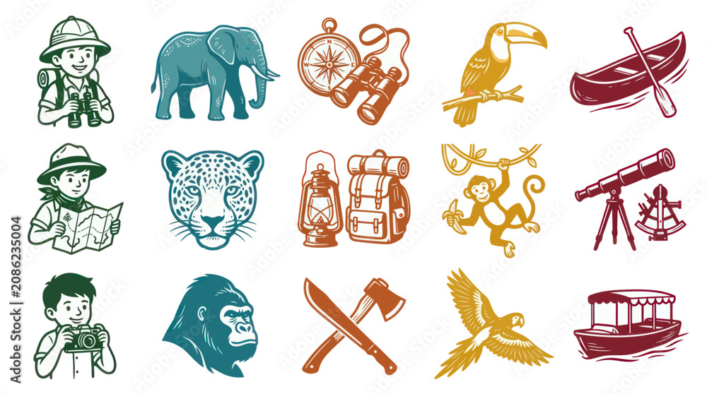 Fototapeta premium Retro Cartoon Safari Adventure Exploration Vector Icon Set with Wildlife Animals and Travel Gear