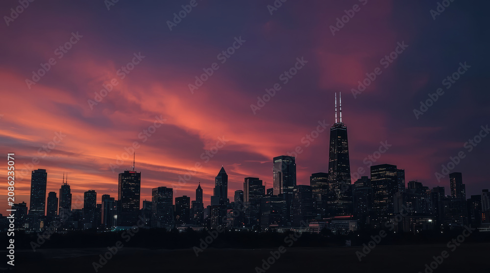 Obraz premium Vibrant purple twilight Chicago skyline with dramatic clouds and city lights