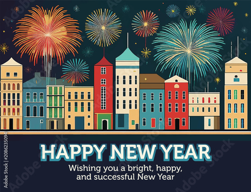 Happy New Year Greeting Card Design with Fireworks Display Over Colorful Urban Residential City Buildings