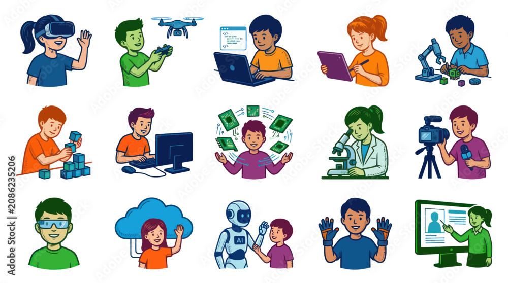 Fototapeta premium Children and Technology STEM Education Vector Illustration Set: Future Learning, VR, Robotics, Coding, Science