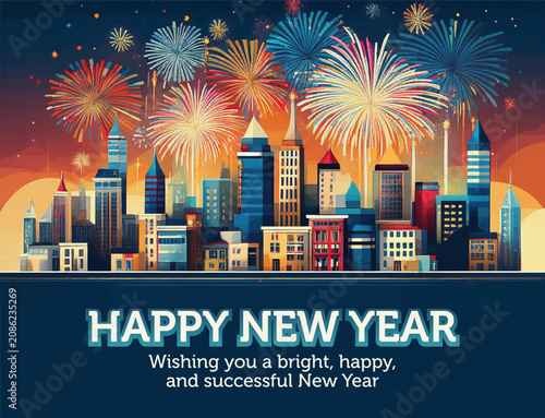 Happy New Year Graphic Illustration Featuring Fireworks Explosion Over Modern Skyscraper City Skyline
