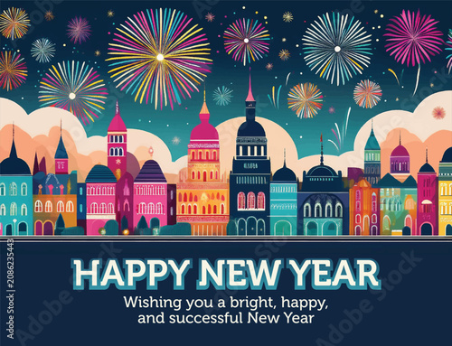 Creative Happy New Year Holiday Celebration Design with Bright Fireworks Over European Style Cityscape