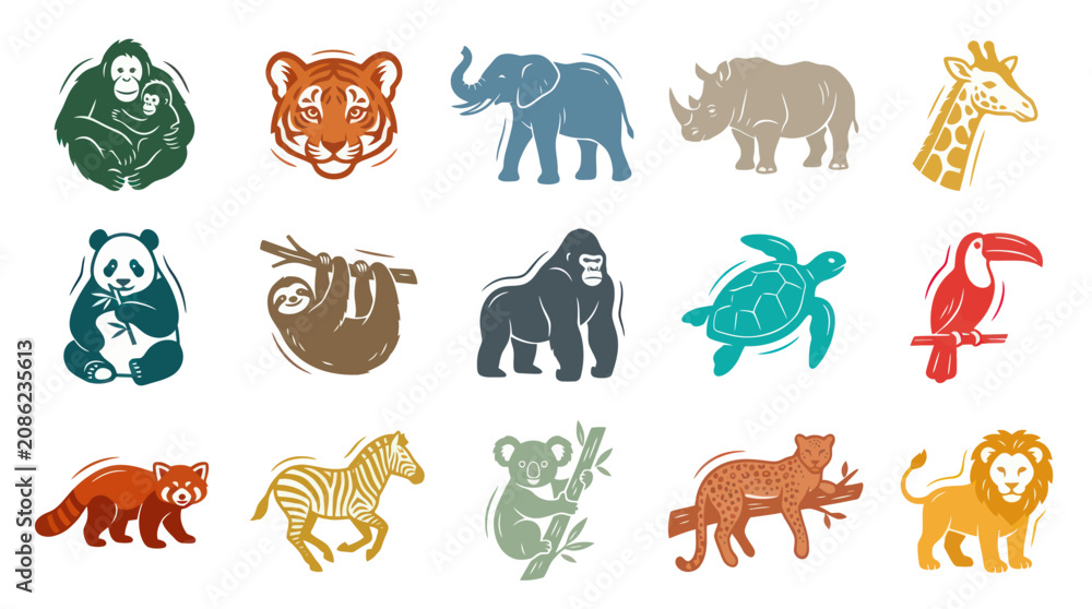 Fototapeta premium Textured Stylized Wild Animals Vector Icons Set for Nature Conservation and Wildlife Zoo Concepts