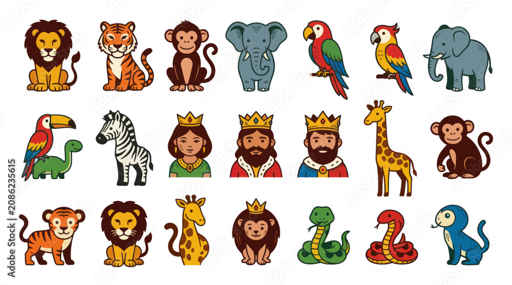 Fototapeta premium Cute Cartoon Safari Jungle Animals and Fantasy Royalty Characters Flat Vector Illustration Set for Kids.