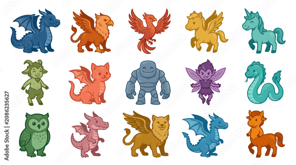 Obraz premium Adorable Cartoon Vector Set of Mythical Fantasy Creatures for Kids Storytelling and Games