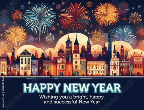 Happy New Year Festive Background with Colorful Fireworks Above Classic Architecture City Skyline Vector