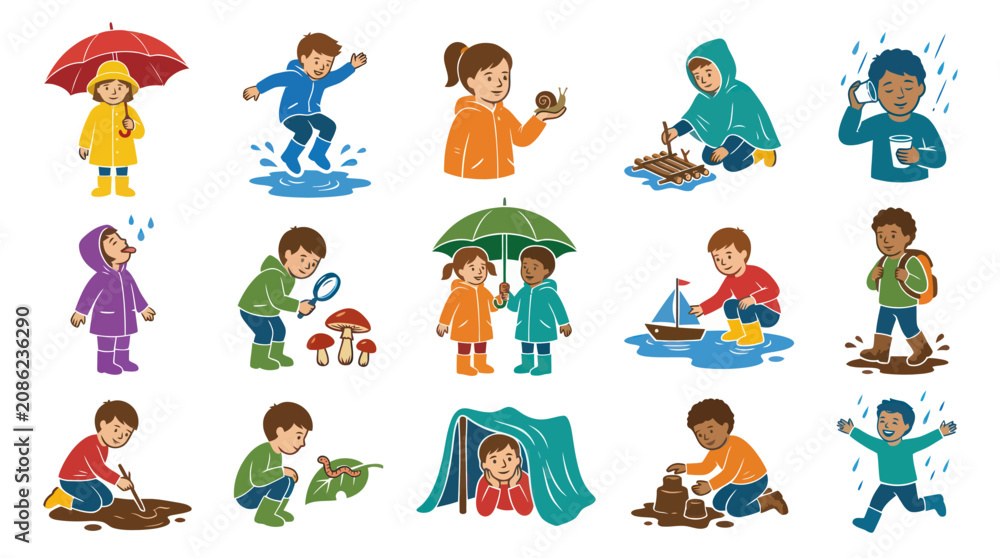 Fototapeta premium Children enjoying rainy day outdoor activities, flat vector illustrations