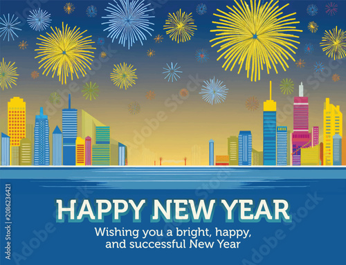 Artistic Vector Illustration of City Skyline and Fireworks for New Year Party