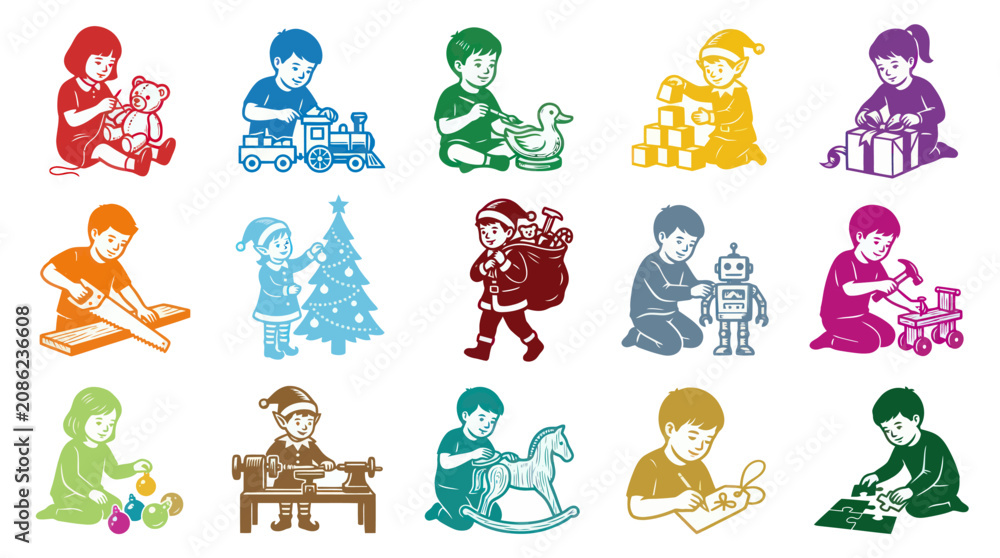 Fototapeta premium Retro Monochromatic Children Playing with Toys and Christmas Activities Illustration Set