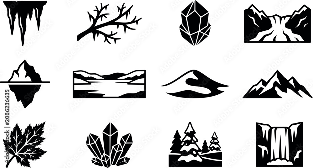 Fototapeta premium Winter Scene Illustration with Snowy Trees and Mountain Landscape in Cool Tones