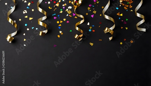 Luxury colorful confetti and ribbons on a dark background, creating an elegant festive atmosphere