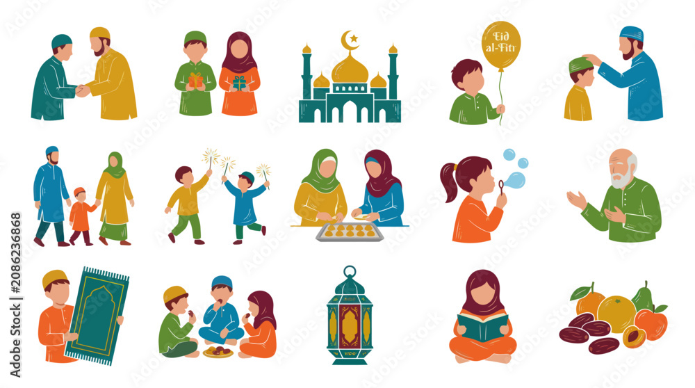 Fototapeta premium Islamic Eid al-Fitr Celebration Family and Children Flat Art Icons