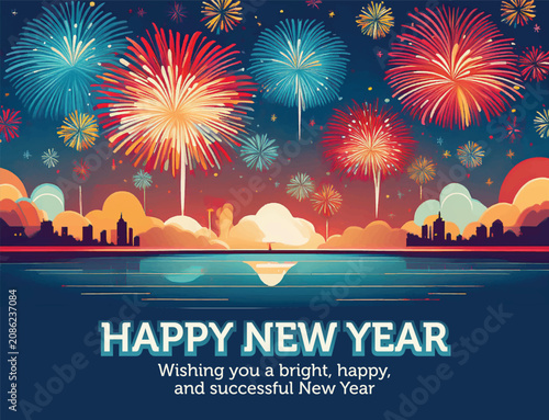 Happy New Year Celebration Background with Fireworks Over Illuminated City Skyline