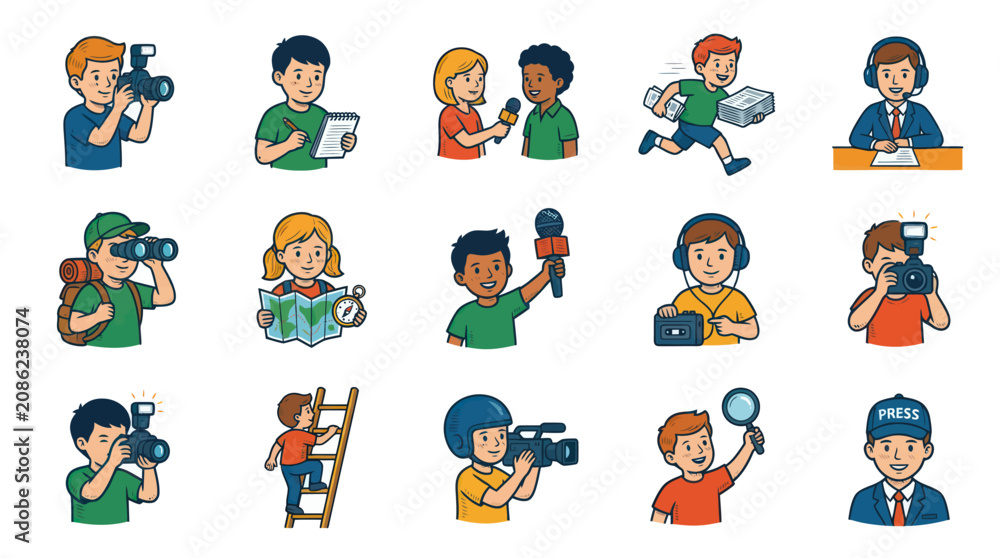 Fototapeta premium Cartoon Media Characters: Reporters, Photographers, Adventurers, Flat Style Icons