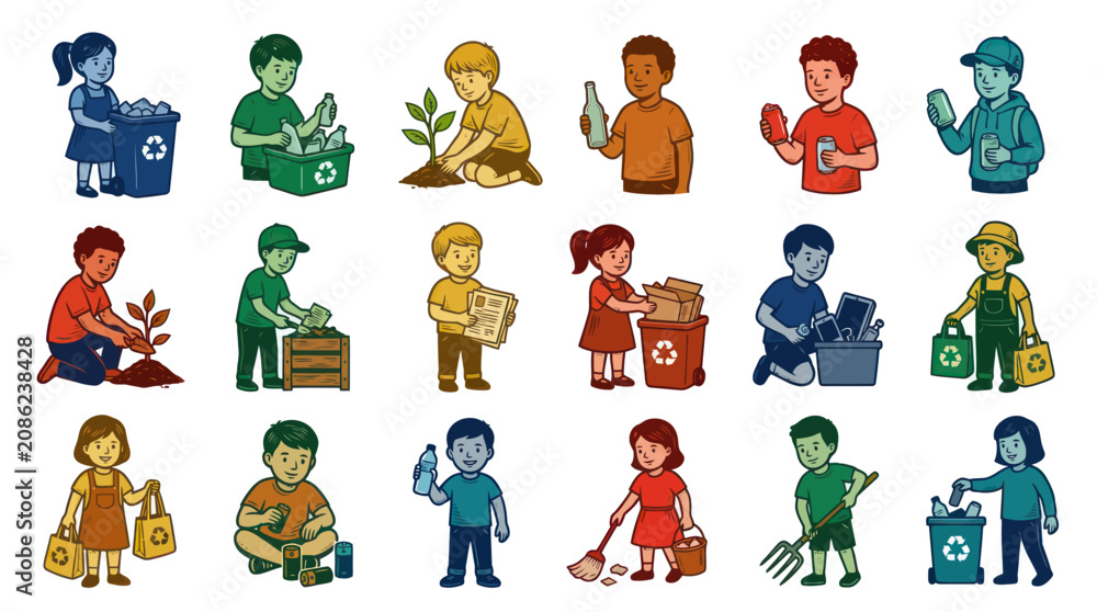 Fototapeta premium Kids Environmental Activities Flat Cartoon Vector Illustration Set. Children Recycling, Planting, Eco-Friendly.