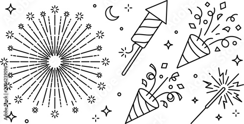 Tableau sur toile Fireworks and party popper vector line art elements for New Year celebration car