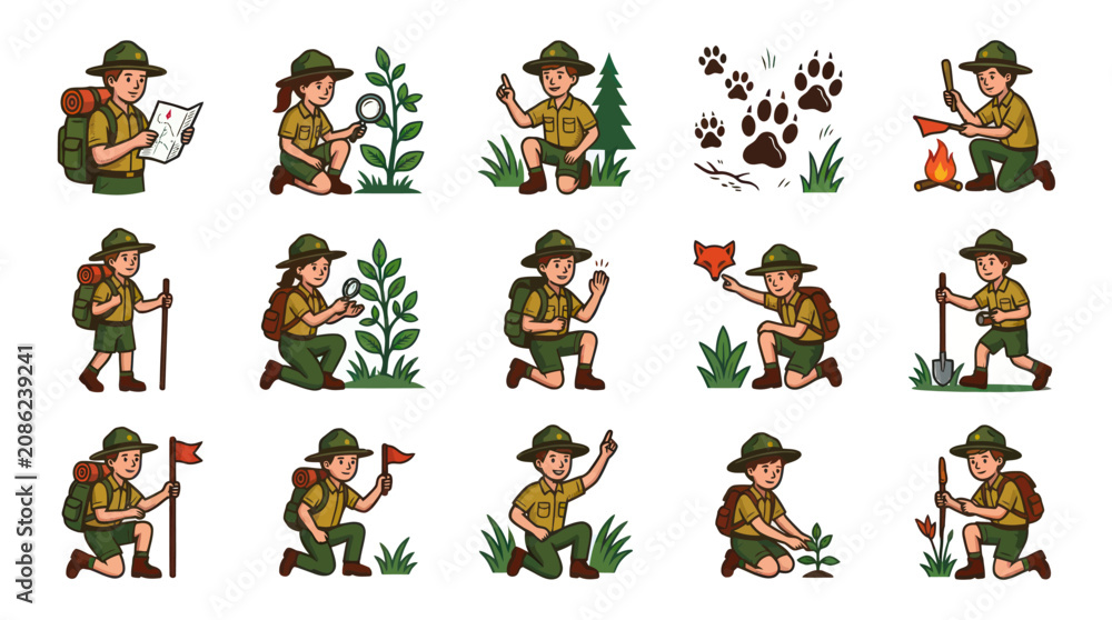 Obraz premium Cute Scout Camping Icons Set: Nature, Adventure, Exploration, Outdoor Activities