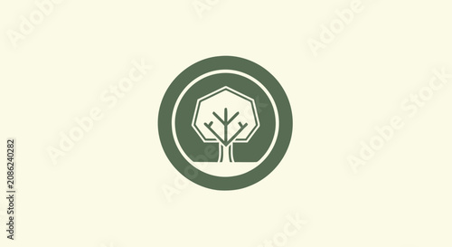 Simple Green Tree Icon Inside a Circular Border on Beige Background.