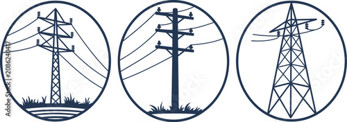 Quadro su tela Three different types of electricity pylons and poles in circles with grass Keyw