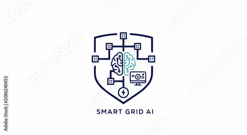 Smart Grid AI Concept Icon with Human Brain and Shield for Cybersecurity and Energy Management.