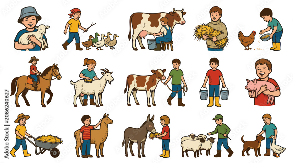 Fototapeta premium Colorful Cartoon Farming Life and Farm Animal Vector Set with Children and Farmers
