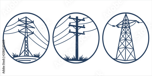 Foto Three different types of electricity pylons and poles in circles with grass Keyw