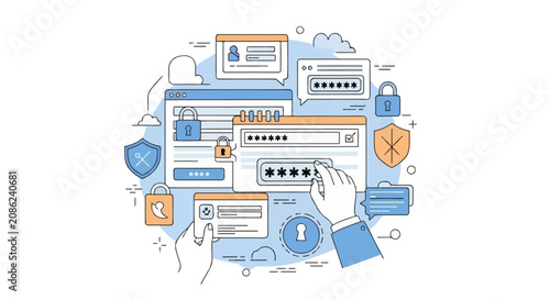 Flat vector illustration showing user hands interacting with digital login windows, secure password fields, padlocks, shields, and identity cards for cybersecurity and data protection.