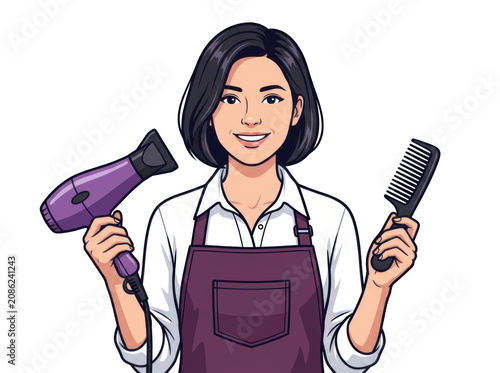 cartoon woman holding hair dryer and comb smiling at customer  hairdresser with tools transparent background