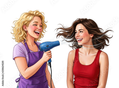 cartoon woman using a blue hair dryer on another womans long brown hair smiling transparent background